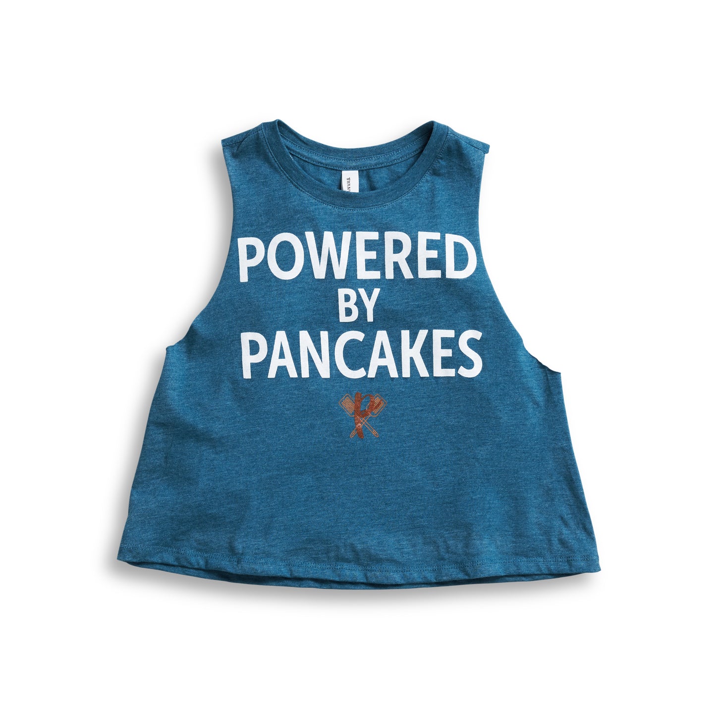 Women's Powered by Pancakes Crop Muscle Tank BLUE